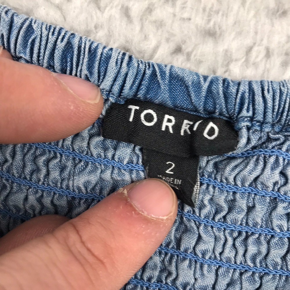Torrid Off Shoulder Smocked Skater Dress Womens 2X Blue Chambray Lyocell Pockets - Picture 5 of 11
